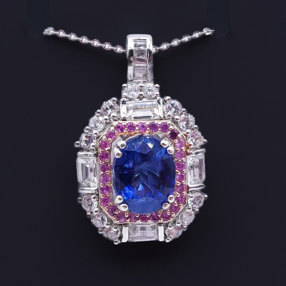 Sterling Silver Kashmir Kyanite Halo Pink Topaz Zircon 20" Pendant Necklace Djoy